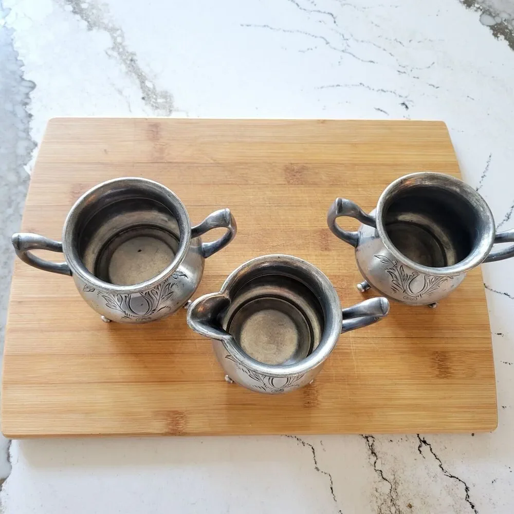 Vintage Beacon Silver Taunton Mass Quadruple Set of 3. Cream white brown sugar